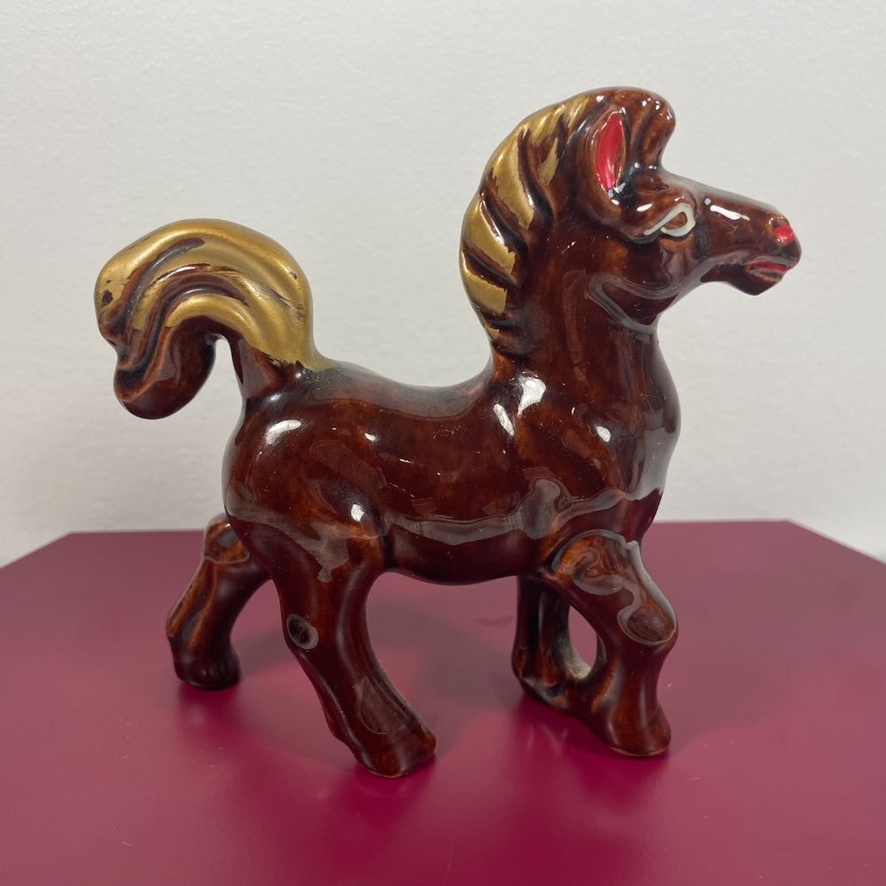 Vintage Red Ware Brown and Gold Horse Pony Prancing Figurine Made in Japan